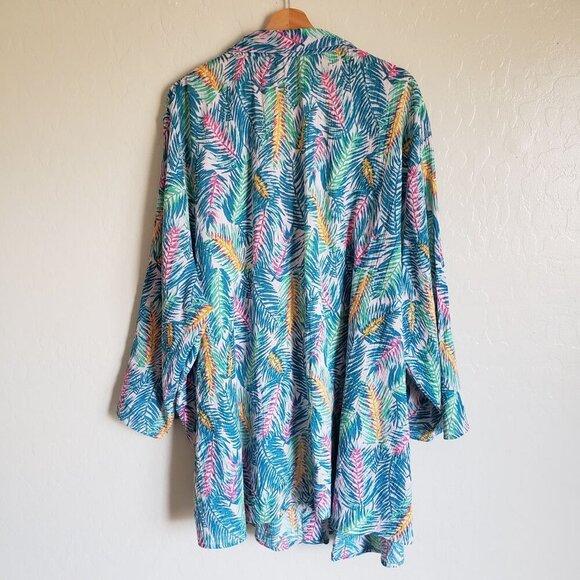 Woman Within Gauzy Pintuck Tropical Button Up Tunic Blue Sz 4X Roll Tab Vacation - Picture 8 of 11
